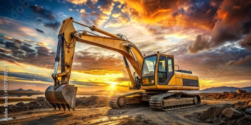 Wallpaper Mural Golden Sunset Glory Majestic Yellow Excavator on Dirt Road at Dusk, Construction Industry Beauty - Ideal for Machinery Ads, Landscapes, and Inspirational Artwork Torontodigital.ca