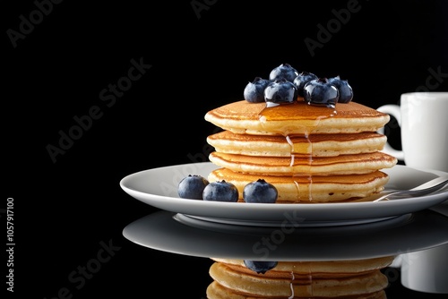 Delicious stack of pancakes with berries and a cup of coffee on a reflective ...