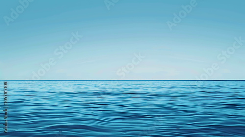 Deep blue ocean with a clear blue sky. The water is calm and still, with gentle waves lapping at the shore.