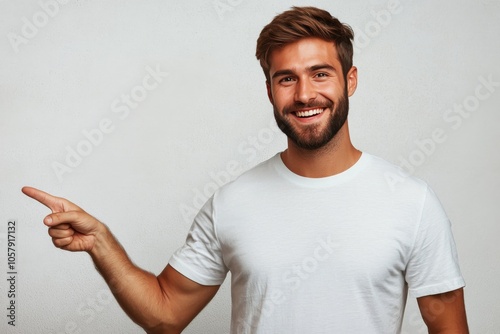 Young man smiling and gesturing to the right against a plain background in a ...