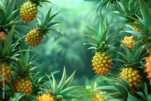 tropical pineapples on green background