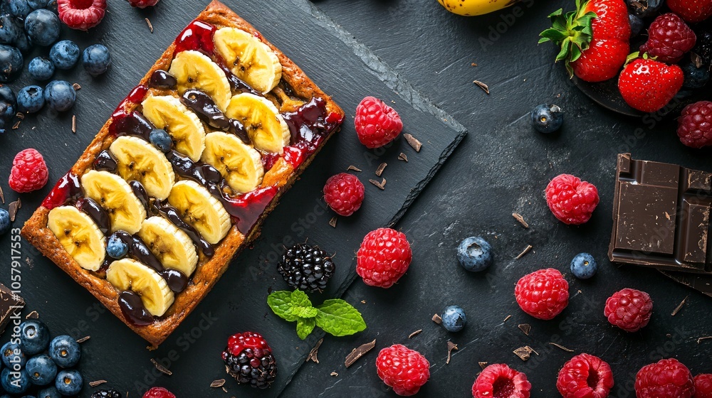 Golden banana bread with caramelized banana slices, on a dark slate background, with fresh berries and chocolate chunks Golden banana bread with caramelized banana slices, on a dark slate background, with fresh berries and chocolate chunks