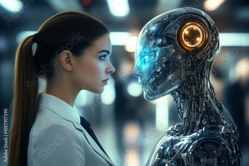 Woman opposite AI. The concept of confrontation between humanity and artificial intelligence 