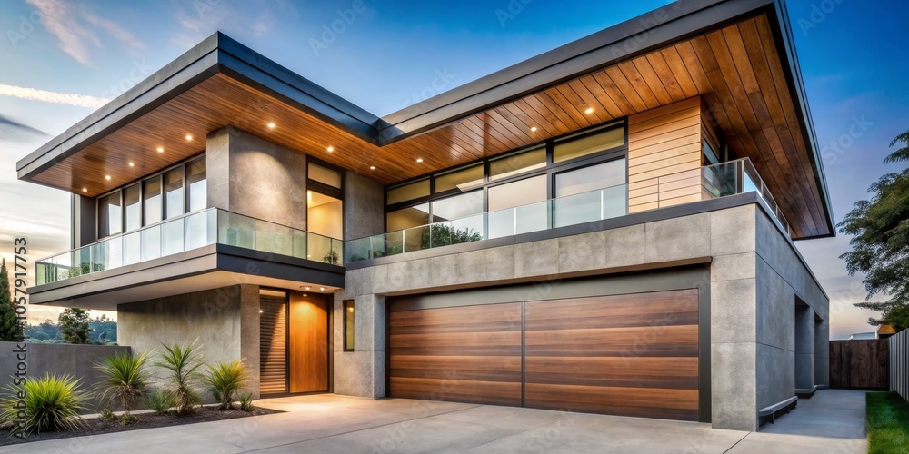 Fototapeta premium Modern Two-Story House Exterior with Warm Wooden Entrance Door in Lush Surroundings - Tranquil Luxury Living Concept