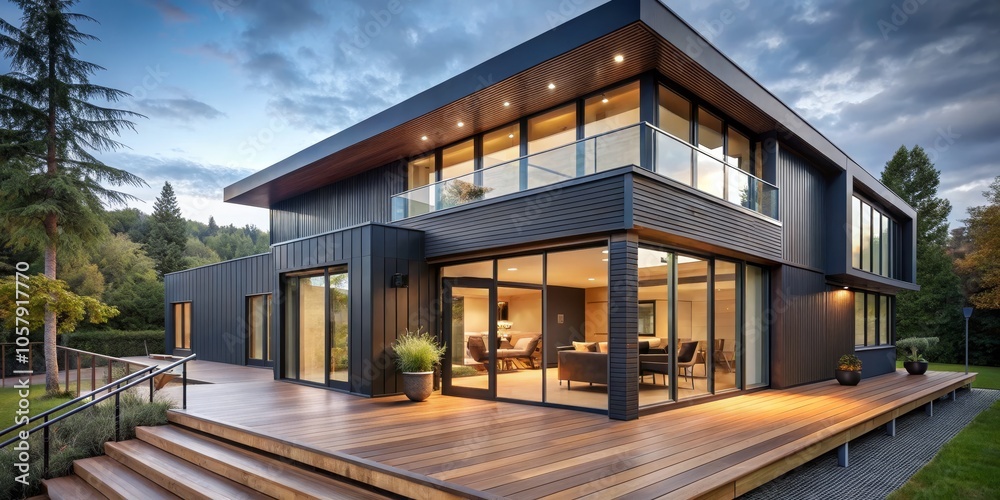 Fototapeta premium Modern Two-Story House with Inviting Deck in Lush Forest Setting Luxurious Architectural Design in Tranquil Natural Surroundings