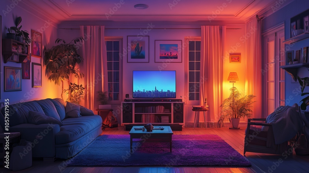 A living room illuminated by multicolored lighting, creating a dynamic and cozy ambiance. The colorful lights enhance the modern decor, adding a playful and vibrant touch to the space. A living room illuminated by multicolored lighting, creating a dynamic and cozy ambiance. The colorful lights enhance the modern decor, adding a playful and vibrant touch to the space.