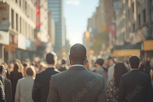 Man Walking in Blurry City Street with Tall Buildings in Background