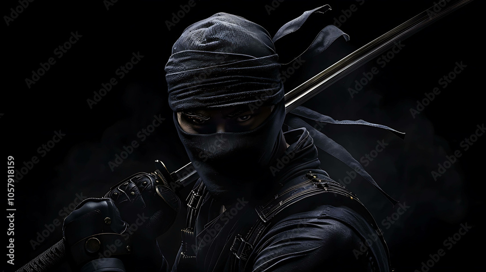 A dark and mysterious ninja, dressed in black, with his face hidden by a mask, stands in the shadows, ready to strike. A dark and mysterious ninja, dressed in black, with his face hidden by a mask, stands in the shadows, ready to strike.