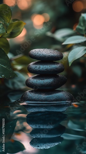 Four smooth stones stacked in serene water surrounded by lush greenery in a t...