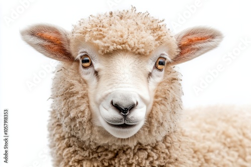 A close up of a fluffy white sheep with a gentle expression on a white backgr...