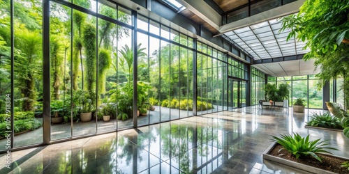 Serene Oasis Modern Building Interior with Expansive Window Wall Revealing Lush Green Garden View, Tranquil Architectural Design Concept