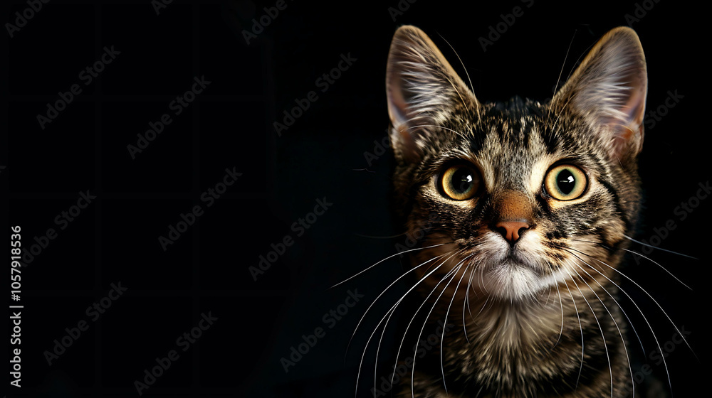 A cute tabby cat with wide open eyes and a curious expression on its face is looking up at something just out of frame. A cute tabby cat with wide open eyes and a curious expression on its face is looking up at something just out of frame.