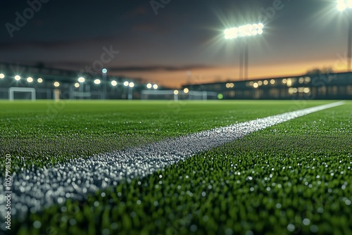 Grass field illuminated at night inside a stadium with bright lights and a pe...