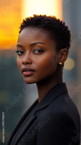A confident woman gazes into the distance during sunset in an urban setting