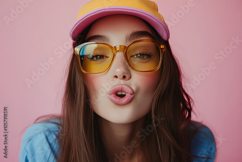 Young woman poses with colorful sunglasses and hat against a vibrant pink bac...