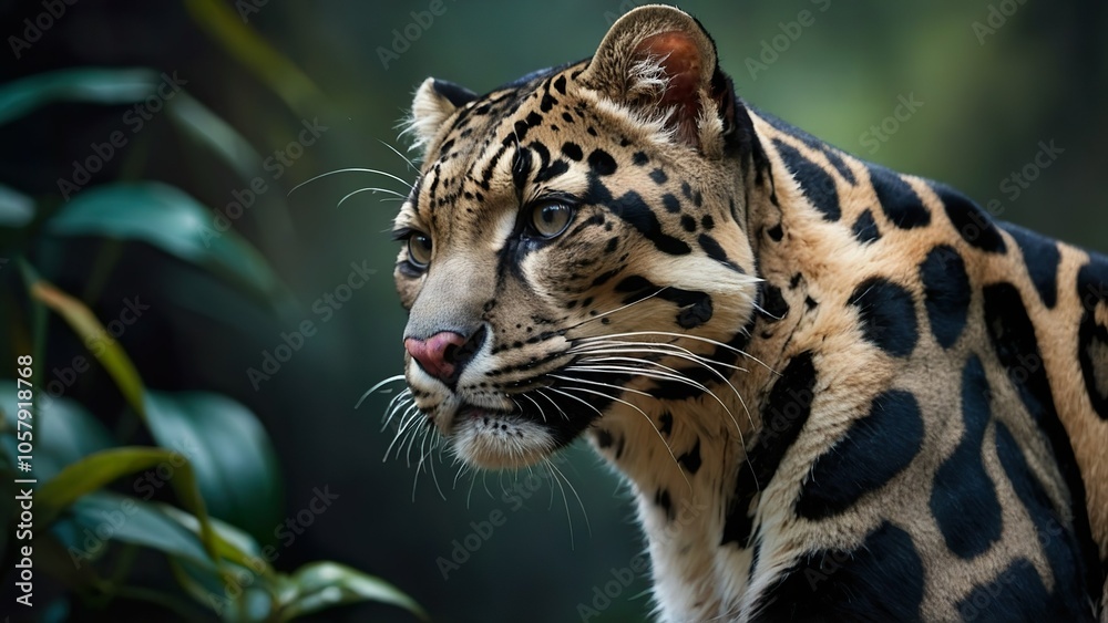 Fototapeta premium A clouded leopard in his habitat. Greenery. Botanical background. 
