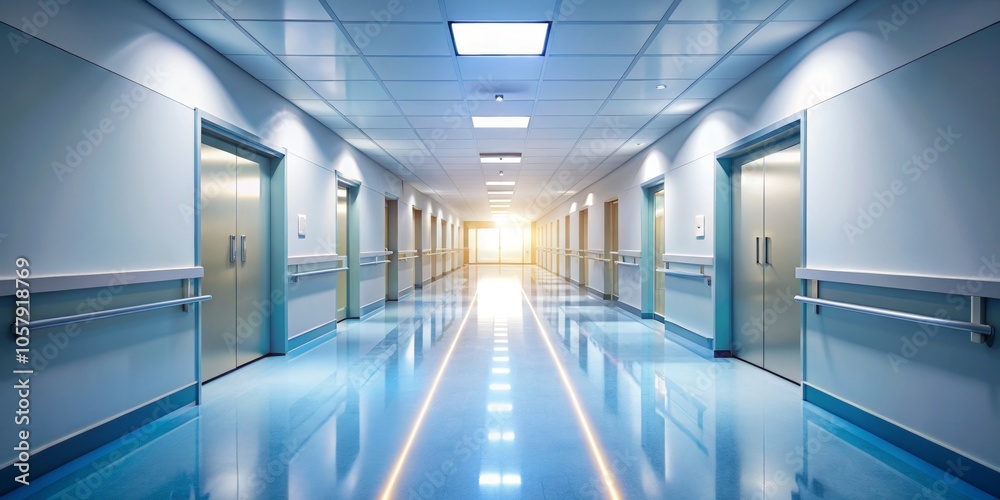 Symmetrical Modern Hospital Corridor with Bright Vanishing Point, Clinical Atmosphere - Architectural Design Concept Photo Symmetrical Modern Hospital Corridor with Bright Vanishing Point, Clinical Atmosphere - Architectural Design Concept Photo