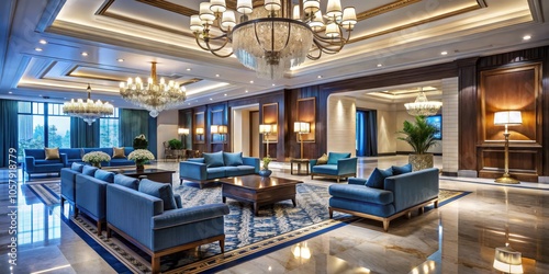 Symmetrical Elegance Opulent Blue Sofas in Luxurious Lobby with Ornate Chandelier, Sophisticated Wood Paneling. Grand Interior Design Concept for Hotel, Club, or Elegant Event