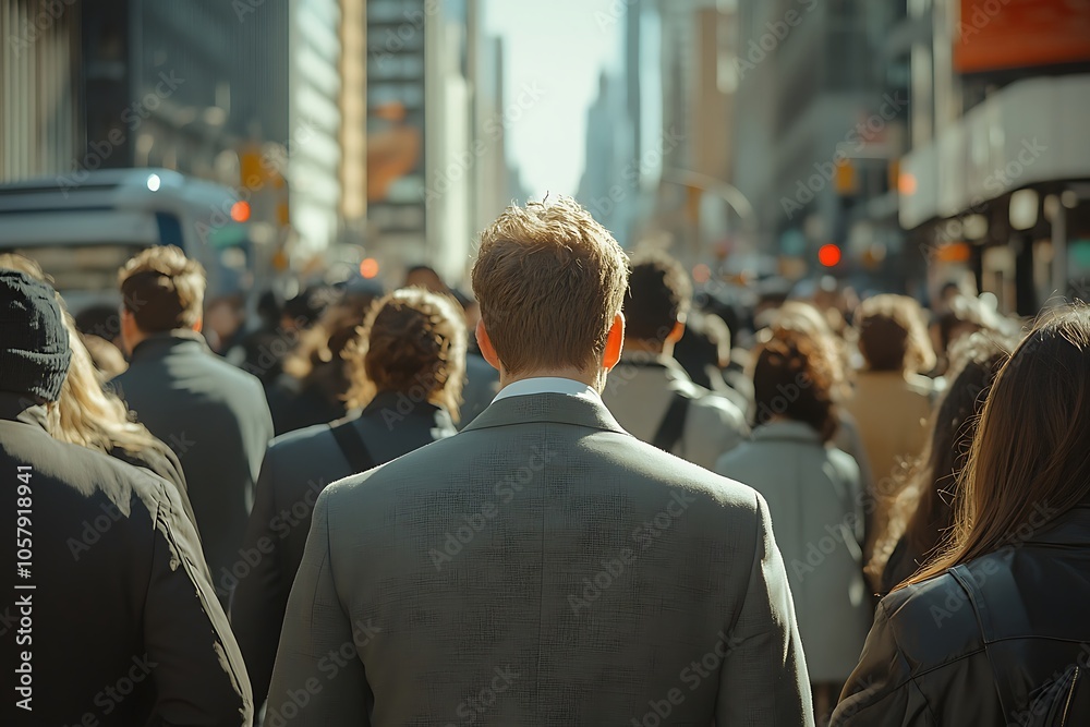 Man Walking in City with Blurred Background and Sunlight