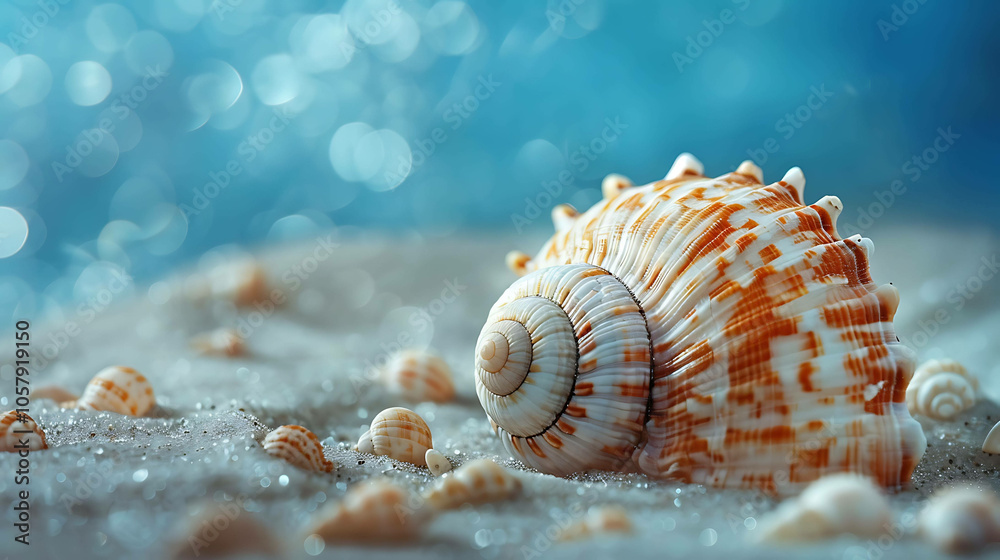 Amazing close-up image of a seashell on the beach with a blurred background.