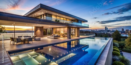 Twilight Serenity Luxurious Infinity Pool Villa Overlooking Cityscape at Dusk - Tranquil Luxury Real Estate Architecture with Modern Design and Panoramic Views