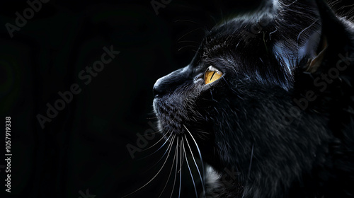 A black cat is sitting in the dark. The cat's eyes are glowing yellow, and its fur is sleek and shiny. photo