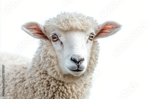 A close up of a fluffy white sheep with a gentle expression on a white background photo