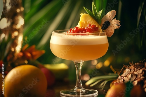 Tropical fruit cocktail in a glass with fruit pieces