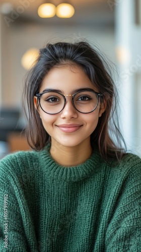 Young woman with glasses smiling warmly indoors in a cozy setting during dayl...
