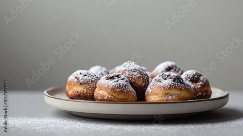 Bite-sized pain au chocolats arranged on a plate, isolated on a neutral gray background, with powdered sugar photo