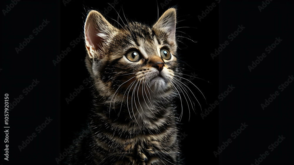 A cute tabby kitten with big green eyes looking up curiously on a black background. A cute tabby kitten with big green eyes looking up curiously on a black background.