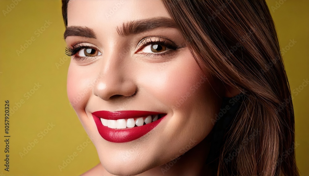 A woman with a green eye and red lips. She has a nice smile A woman with a green eye and red lips. She has a nice smile