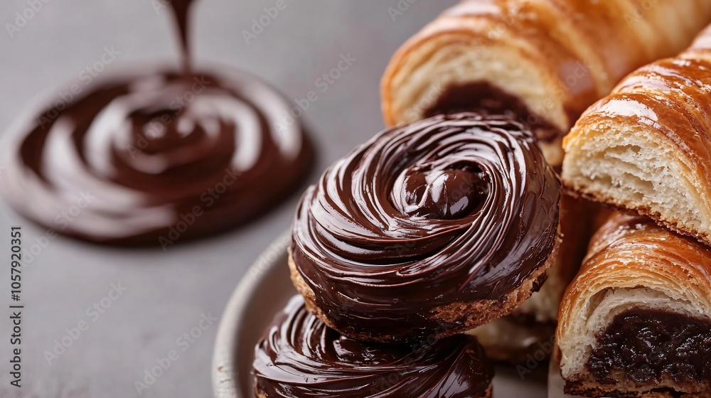 Close up of layers of pain au chocolat isolated on a light gray background, with a melted chocolate swirl nearby Close up of layers of pain au chocolat isolated on a light gray background, with a melted chocolate swirl nearby
