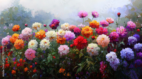   A stunning depiction of a field filled with vibrant blooms, set against the serene backdrop of a clear blue sky and fluffy white clouds