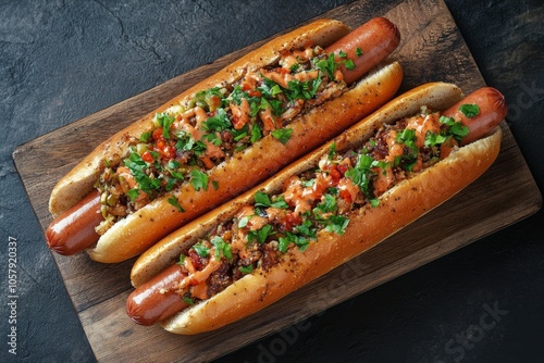 Delicious grilled hot dogs topped with fresh salsa and herbs on a wooden cutt...