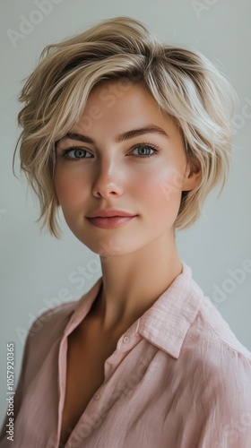 A young woman with short blonde hair poses in a light pink shirt against a ne...