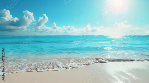 Amazing turquoise ocean with white sand beach and blue sky with clouds in the background.