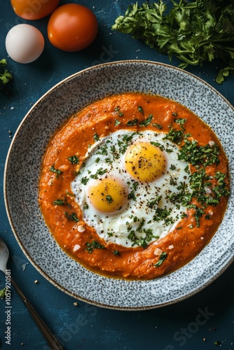 Freshly cooked sunny side up eggs served with cherry tomatoes and basil on a ...