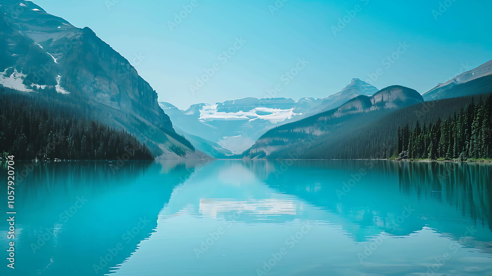 Fototapeta premium This is a beautiful landscape image of a lake and mountains. The water is a crystal clear blue and the mountains are covered in snow.