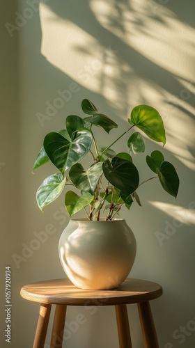 A healthy potted plant in a bright room casting gentle shadows in the afterno...