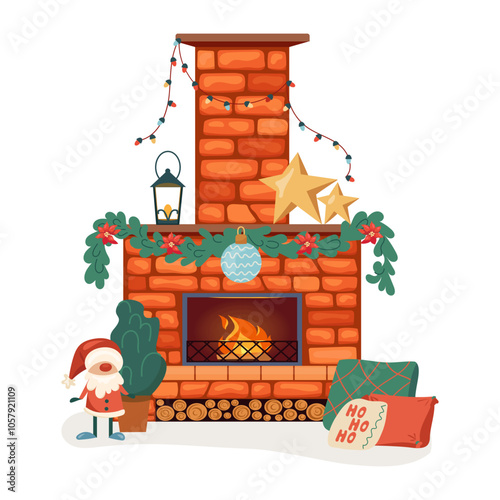 Cozy interior red bricks bonfire with chimney. Classic home fireplace with mantel decor, santa and pillows with tradition winter print. Warm hearth exudes holiday cheer. Vector flat illustration