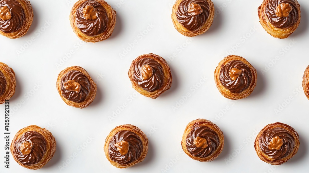 Mini pain au chocolats in a circle, isolated on a bright white background, with hints of caramel and coffee Mini pain au chocolats in a circle, isolated on a bright white background, with hints of caramel and coffee