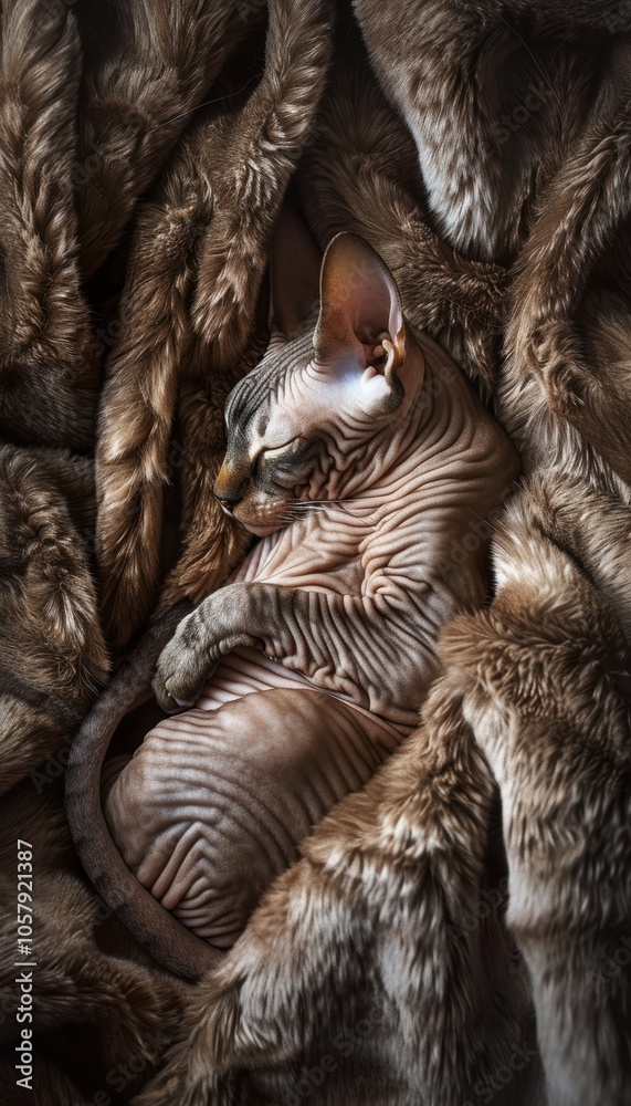 Sleek Sphynx Cat Resting on Luxurious Faux Fur in Warm Ambient Lighting Sleek Sphynx Cat Resting on Luxurious Faux Fur in Warm Ambient Lighting