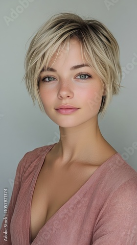 A young woman with short blonde hair poses in a light pink shirt against a ne...