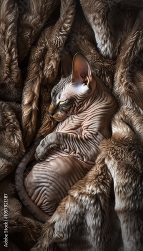 Sleek Sphynx Cat Resting on Luxurious Faux Fur in Warm Ambient Lighting