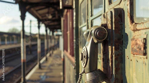 Old rotary phone is hanging on the exterior wall of a train station, evoking a sense of nostalgia for a bygone era of communication photo