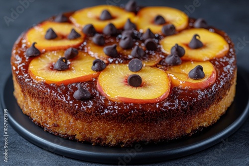 Delicious upside down cake with peaches and chocolate chips served on a black...