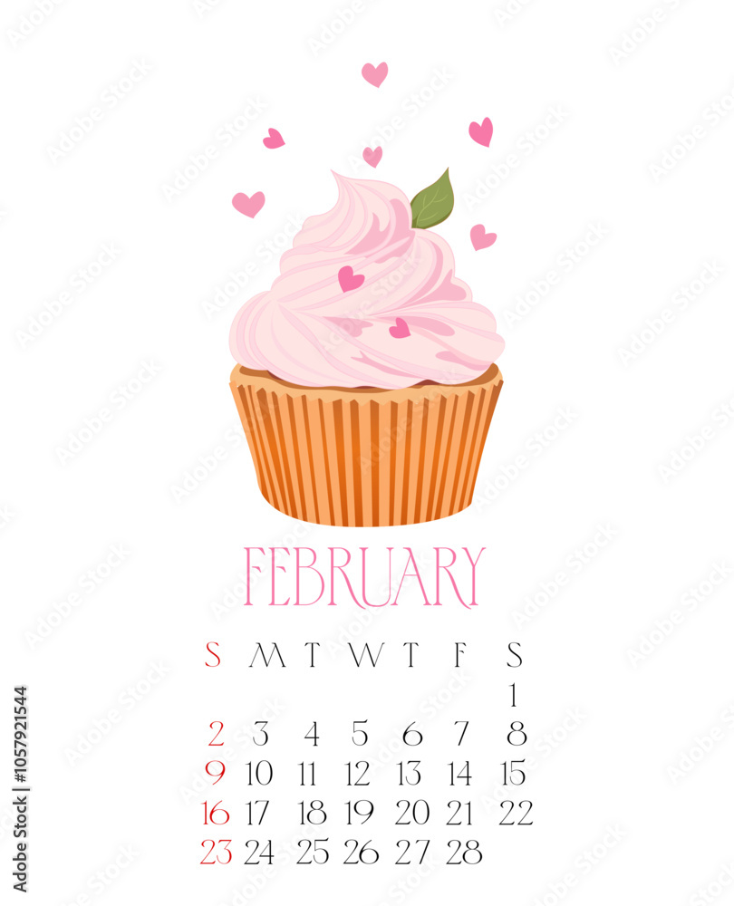 Calendar for February 2025. Cake with hearts. Delicate illustration for Valentine's Day. Vector Calendar for February 2025. Cake with hearts. Delicate illustration for Valentine's Day. Vector