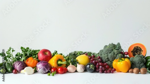 Variety of fruits and veggies in a studio setting, isolated on white background with close-up shots. Ample space for text.