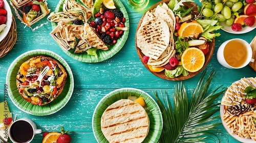 Wallpaper Mural   A table topped with plates of food sits beside a cup of coffee and a plate of fruit resting atop a blue table Torontodigital.ca